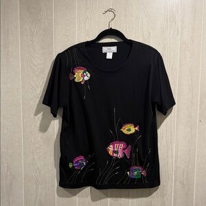 Lisa International Black Tee with Colorful Fish Embroidery